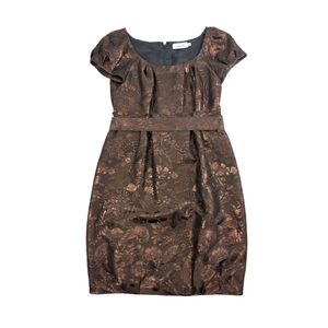 Rickie Freeman Teri Jon Brown Floral Brocade Cocktail Sheath Dress Bubble Hem